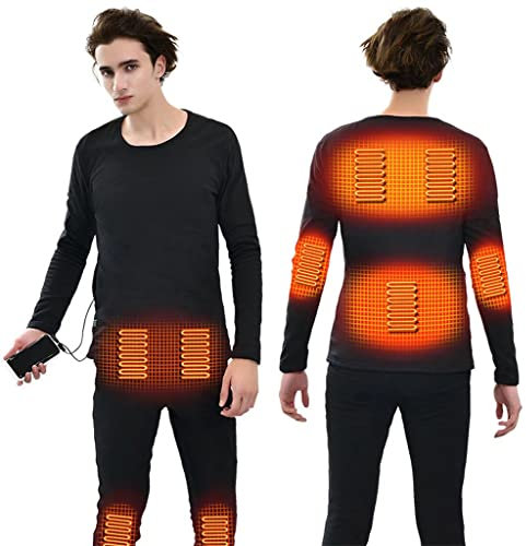 FSCLJ Winter Heating Underwear, Black Heating Suits, USB Electric Heated Thermal Long Sleeve T Shirts And Pants Set for Men Outdoor Sports, (No Power Bank)