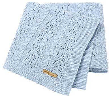 DovFanny Babydecke aus Baumwolle mit Zopfmuster gestrickt, Zellular, gemütlich, atmungsaktiv, für Jungen und Mädchen, 90 x 70 cm (hellblau)