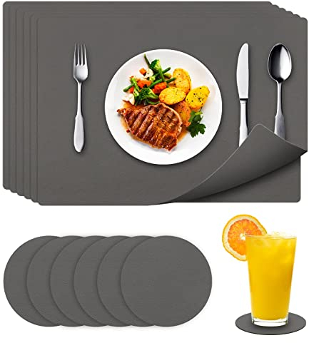 innislink Tischset Leder, 6er Platzsets Abwaschbar mit Untersetzer rutschfest Platzdeckchen Doppelseitigen Tischsets, PU Kunstleder Hitzebeständig für Küche Hause Restaurant - 43x30cm(Dunkelgrau)