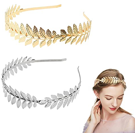2 Stücke Römische Göttin Haarreif,Haarreifen Mädchen Lorbeerkranz Bridal Stirnband Golden Leaf Roman Leaf Crown for Girls Greek Gold Leaf Headband Bridal Headbands Gold Laurel Leaf,für Bräute