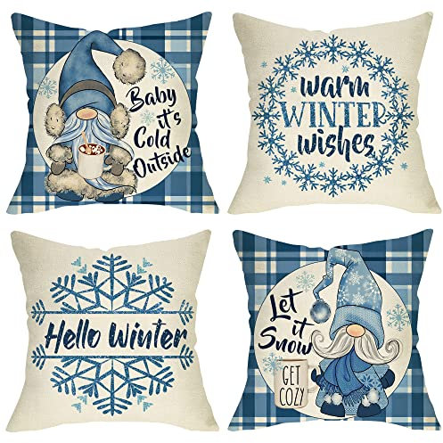 Ussap Hello Winter Warm Wishes Gnome Dekorative Throw Pillow Cover Set of 4, Snowflake Hot Cocoa Baby It's Cold Outside Cushion Case Decor, Buffalo Plaid Christmas Decoration for Sofa Couch 18x18