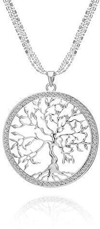Xinyixin Collana con ciondolo albero della vita celtica per donna, collana a catena lunga multistrato in oro rosa e argento con cristallo