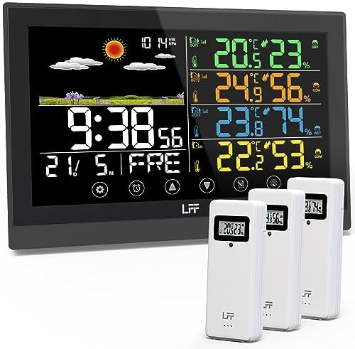 LFF Drahtlose Wetterstation, Funkwetterstation Indoor Outdoor mit Sensoren, Farbdisplay Digitale Atomuhr Innen Außen Thermometer Wireless, Vorhersage Station mit Einstellbarer Hintergrundbeleuchtung