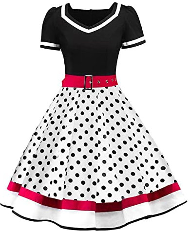 Rockabilly Kleider Damen 50er Jahre Petticoat Kleid Vintage Audrey Hepburn Kurzarm V-Ausschnitt Polka Dot Swing Coctailkleid Hochzeit Gast Festlich Knielang Sommerkleid Abendkleid Schwarz + Wei� M
