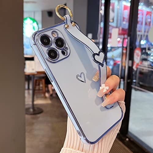 ZTOFERA Compatible with iPhone 14 Pro Case with Wrist Strap, Flexible Silicone Protective Phone Case with Cute Heart Pattern Hand Strap Stand Finger Holder Plating Trim Shockproof Cover, Sierra Blue