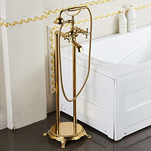 Robinet De Baignoire Ilot, Cascade Robinet De Baignoire Avec Douchette,Robinet Salle Bain Baignoire,Mitigeur De Baignoire Vintage,Robinet De Douche à Montage Au Sol,Laiton,Mitigeur Baignoire,D'or