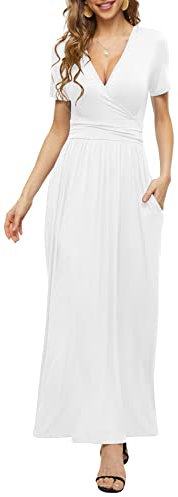 PCEAIIH Women's Maxi Dress Casual Deep V Short Sleeve Floral Ladies Wrap Long Dress with Pockets L White