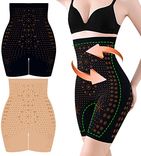 FOHYLOY 2 Stück IONSTech Unique Fiber Restoration Shaper, Hohe Taille Hip Enhancer Shapewear, Damen Miederhose, Fettverbrennende Bauchkontrolle und Damen Butt Lifter Unterhose (Schwarz+Beige)