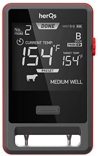 HerQs Pin Pro - Grillthermometer, digital, Kerntemperatur, Drahtloses Fleischthermometer, Bluetooth, App, Thermometer inkl. 2 kabellosen Fühlern, bis 500°C - Für Ofen, Grill, Pfanne, Heißluftfritteuse