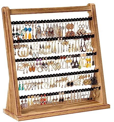 Poyilooo Earring Holder Organizer, Rustic Wood Earring Holder Stand, 5 Layer Jewelry Holder Organizer with 270 Earring Tree Holes Display Rack for Stud Earings & Hoop Earrings, Gifts for Women