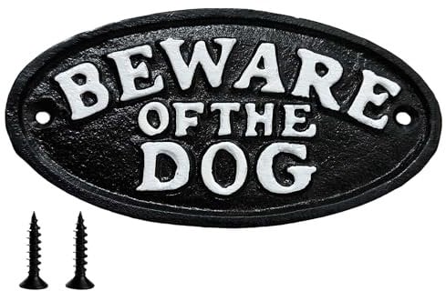 Beware Of The Dog Sign Gate Plaque With Screws Cast Iron 17.5cm Traditional Black White Rustic Finish 7inch Keep Children Pets Visitors Safe Fence Wall Easy Mount