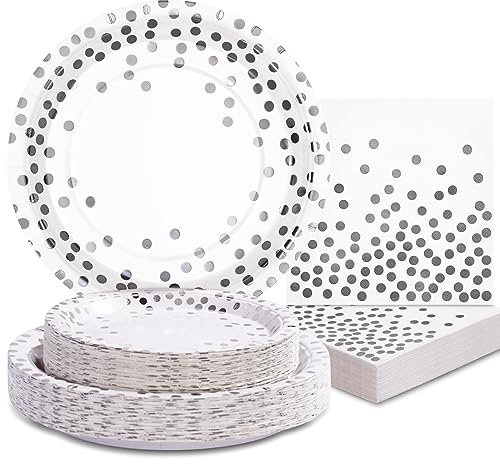 Boocikey 150 PCS White and Silver Plates and Napkins Party Supplies,White Paper Plates Disposable for 50 Guests,White and Silver Party Decorations for Birthday Bridal Shower Wedding Decorations