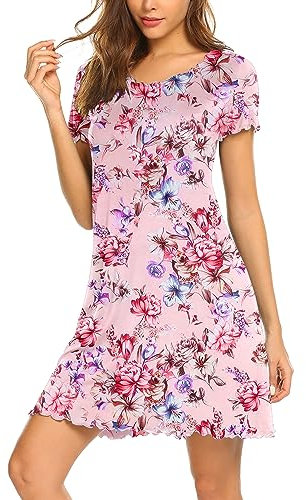 Ekouaer Robe de Nuit Femme Manches Courtes Vêtements de Nuit Court Nuisette Col Rond Liquette De Nuit Légers, Fleurs Roses, L