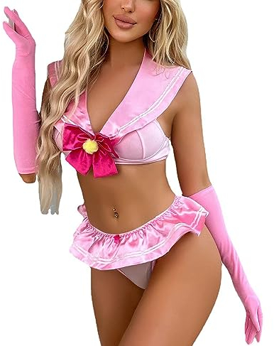 ROSVAJFY Femme Ecoliere Costume Sexy Lingerie Schoolgirl Cosplay Uniforme Etudiante Déguisement Rose Sous-Vêtement Babydoll Coquine Hot 4 Pièces, Top+Mini Jupe+Culotte+Gants