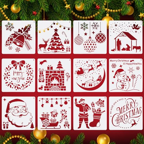 12 Stück Schablonen Weihnachten, Schablonen Kinder, Schablonen Vintage, Malschablonen Kinder, Schneespray Fenster Schablone, Schneespray Schablonen, Kunststoff Weihnachtsschablonen (13 X 13cm)
