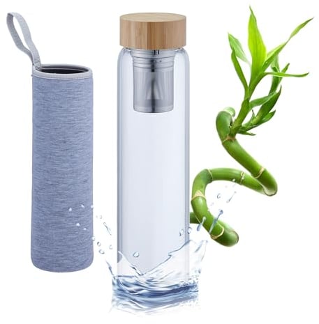 Relaxdays Gourde à thé avec Filtre, 1 L, Bouteille en Verre à emporter, pour Lave-Vaisselle, Couvercle Bambou, Nature