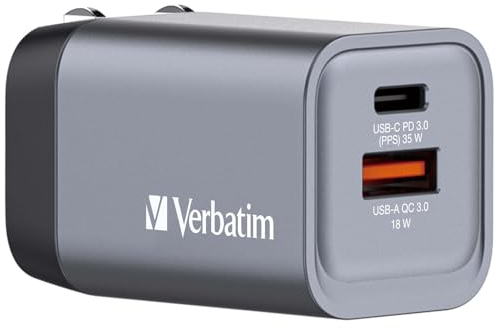 Verbatim GaN Charger 35 W, 2 Ports USB-C Ladegerät, Power Adapter mit USB-C und USB-A, Schnellladegerät als Mehrfachstecker, für Apple iPad, iPhone, Samsung und Co