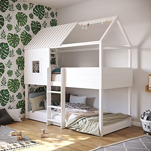 ArtKid Roxy Etagenbett für 2 Kinder in weiß - Kinderbett 90x200 cm mit Rausfallschutz und Lattenrost - ideal für Mädchen und Jungen - Hausbett mit Bodenbett 90x200 cm Holz Design