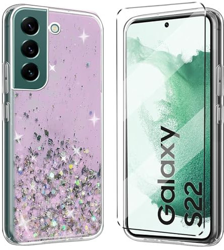 HuiYouMY Glitter Bling Cover e Vetrino Compatible with Samsung Galaxy S22 Cover antiurto Custodia piu Vetro temperato Compatible with protezione Samsung Galaxy S22 Pellicola protettiva,Rosa