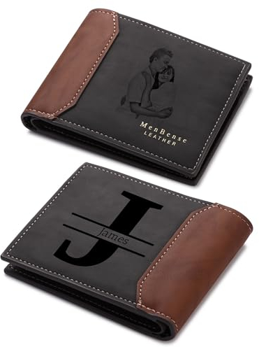 OTXIXTO Personalisierte Bild Bifold Leder Brieftasche für Männer Personalisierte Gravur Foto/Initial/Name/Text Herren Geldbörsen für Papa Ehemann Sohn Trauzeugen Freund Geschenk (Stil B: Grauschwarz)