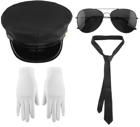 iEFiEL Halloween Chauffeur Kostüm Set Chauffeur Mütze Krawatte Sonnenbrille Weiß Handschuhe Fliege Taxifahrer Chauffeur Limousine Cosplay Outfit Typ A One Size