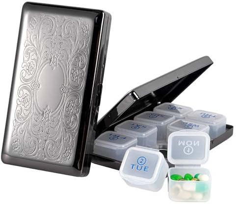 Tablettenbox 7 Tage 8 Fächer, Reise Metall Pillenbox.BPA-freier Tragbarer Pillenbox für Medikamenten (Gemustert Schwarz, Groß)