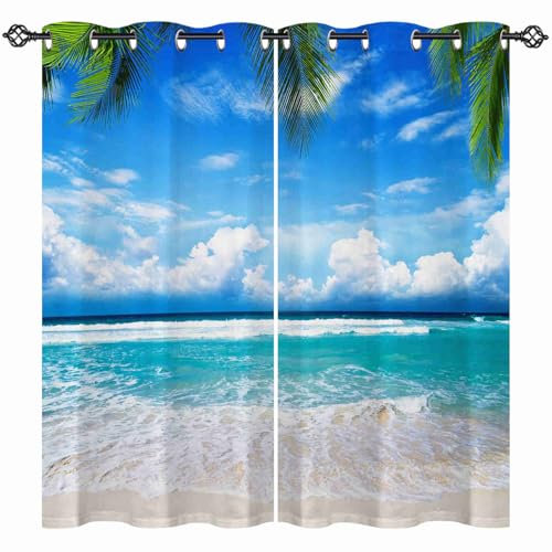 ANHOPE Lot de 2 rideaux opaques, thermiques, occultants, thermiques, doux, occultants, à œillets, motif tropical, océan, plage, palmiers, pour salon, chambre à coucher - 160 x 132 cm (H x l)