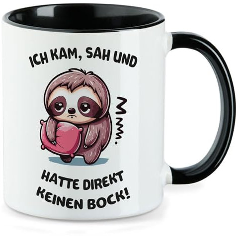 Huuraa Kaffeetasse Kam sah und direkt keinen Bock Faultier Geschenk 330ml Schwarz Kam sah und direkt keinen Bock Präsent