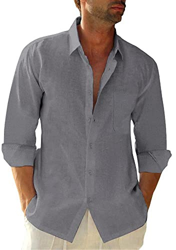 Friptspyg Leinenhemd Herren Langarm Baumwolle Leinen Hemd Herren Freizeithemden Casual Regular Fit Sommerhemd mit Tasche