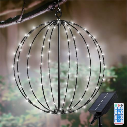 Solar Hängekugelleuchten Aussen Weihnachtsdeko Lichterkette, Wasserdichte Metall Leuchtkugel 30cm 120LEDs in 8 Modi mit Remote-Steuerung für Garten Terrasse Innen - Weiß