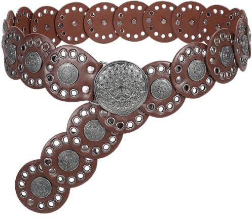 JasGood Breite Scheibengürtel für Damen Leder Aushöhlen Runde Gürtel Western Cowgirl Gürtel Damen Concho Vintage Boho Disc Ledergürtel Verstellbare Taillengürtel für Kleider,Braun,105cm
