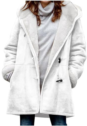 KOG Winterjacke für Damen Fleecejacke Jacken Warm Jacke Bikerjacke Einfarbig Oberteil Frau Fashion Warmes Kapuzenmantel Frauen Vliesjacke Baumwolle Weiß XXL