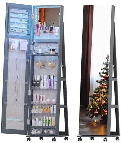 Gurexl 360° Swivel Mirrored Jewelry Armoire with 6 LEDS, Full Length Mirror with Jewelry Storage, Lockable Floor Standing Mirror with 4 Lockable Wheels for Cloakroom, Bedroom(Grey)