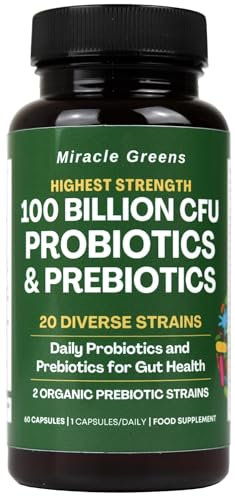 100 Billion CFU Probiotics - 20 Unique Strains + Organic Prebiotics | Gut Health, PH Balance, and Digestion | Scientifically Proven Probiotics for Women and Men – 60 Day Supply – Made in The UK
