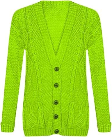 Party HuB Cardigan da donna a maniche lunghe lavorato a maglia grossa, cardigan da donna con bottoni Aran Cable lavorato a maglia con tasca frontale, Verde lime, 40-42