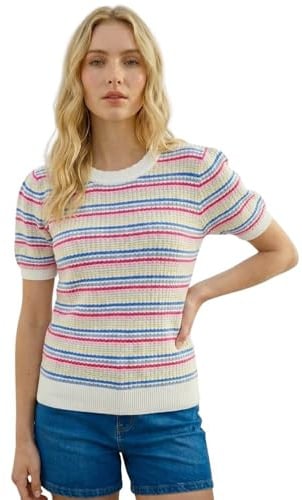 Roman Originals Scallop Edge Stripe Knit Top for Women UK - Ladies Everyday Holiday Spring Summer Round Neckline Comfy Soft Evening Vacation Work Party