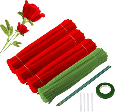 400 Stück Pfeifenreiniger zum Basteln, Pfeifenputzer Rot Chenilledraht Pfeifenreiniger, Blumenstrauß Pfeifenreiniger Blumen Set Pfeifenreiniger Grün Pfeifenputzer für DIY Dekorieren