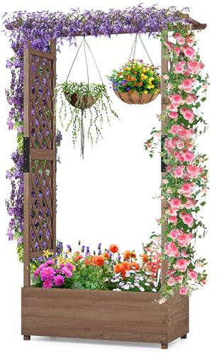 HOMASIS Blumenkasten mit 2 Rankgitter & Dachregal, Hochbeet mit Spalier, Holz Pflanzkasten für Kletterpflanz Blumen, Pflanzkübel Pflanzgefäß Rankhilfe für Garten Balkon Terrasse (110x44x182cm, Braun)
