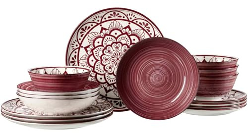 Ritzenhoff & Breker Doha Tafelset 16-teilig, Teller und Schalen für 4 Personen, Geschirr-Set mit arabesk-floraler Ornamentik, Spülmaschinen- & Mikrowellengeeignet, Porzellan, Burgund