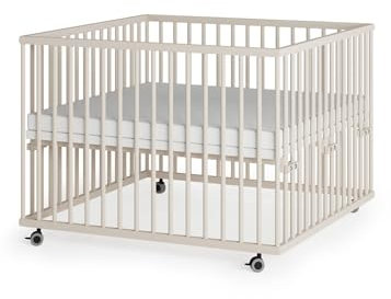 Sämann Laufstall Baby mit Matratze Cloud Air | TÜV geprüft | stufenlos höhenverstellbar | Laufgitter Premium | Babybett aus Holz | Krabbelgitter (sahara dust, 100x100 cm)