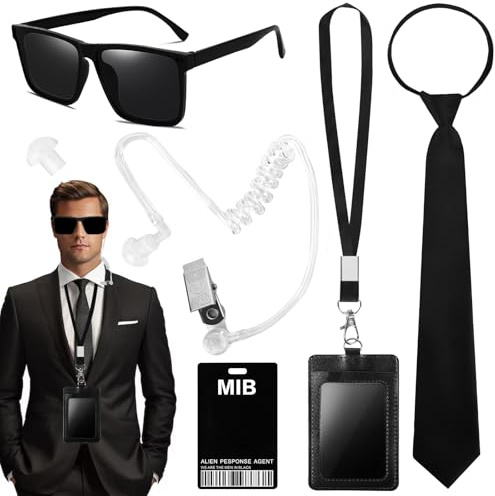 Alaoo Agente Disfraz Accesorios,6PCS Disfraz de Agente Secreto Negro | con Corbata,Gafas de Sol, Tarjetero,Tubo de Auriculares,Tarjeta de Identificación,Auricular Adicional