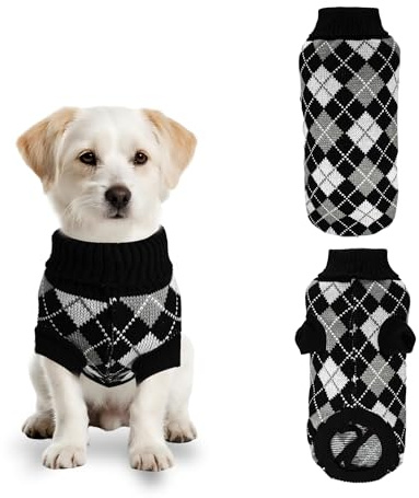 PawSailor Hundepullover Rollkragenpullover Gestrickt Karomuster, Schwarz XL | Warmer Strickpullover Karomuster Komfort Welpenpullover Kuschelweich Winter-Outfit für Mittelgroße Hunde wie Gorgi, Beagles