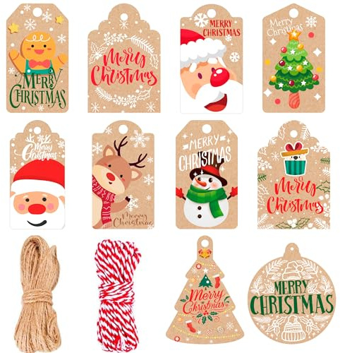 102 Stück Weihnachten Geschenkanhänger,kraftpapier Weihnachten Kraftpapier Tags mit Schnur Weihnachten Geschenkanhänger für Geschenkverpackung Label Weihnachtsbaum Adventskalender Weihnachtsfeier