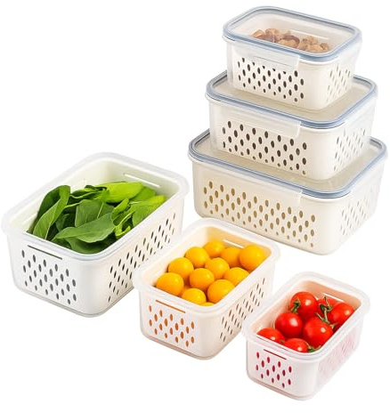 Greenfields Set of 3 Produce Storage Containers for Fridge with Drain Basket & Leakproof Lids – BPA-Free Food Bins for Fruit, Veg, Salad, Meat & Snacks – Stackable Organisers with Clear Design