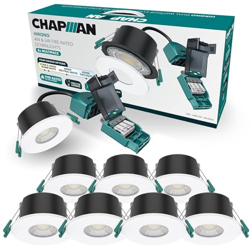 Chapman Hirono Pro 4W & 6W Fire Rated Downlights IP65 White 8 Pack | 4CCT 2700K-6000K, Cool, Neutral or Warm White Waterproof LED Modern Ceiling Light for Bathroom, Kitchen, Bedroom & Living Room