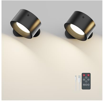 Wandleuchte Innen, Wandlampe mit Fernbedienung Dimmbar mit Akku mit USB-Ladeanschluss, Led Wandleuchte Touch Control 3 Helligkeitsstufen 3 Farbmodi 360° drehbare für Wohnzimmer Schwarz 2 Stück