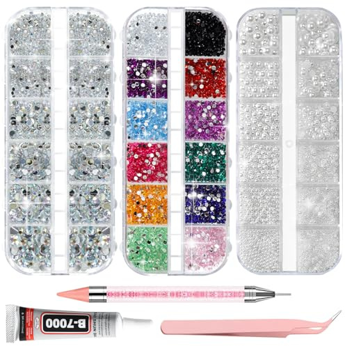 4200pcs Nail Rhinestones, 6 Sizes Silver AB Nail Gems, 6 Colors Mixed Rhinestones, 12 Styles of Nail Pearls, Including 15ml B-7000 Glue, Pick-Up Tweezers & Dotting Pen