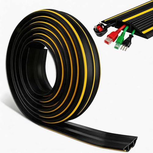 Floor Cable Cover, 3 Cord Channels Cable Protector Outdoor - Heavy Duty Rubber Cable Protector, Wire Hider for Home, Office, Garage, Warehouse, Prevent Tripping Hazards (5M)