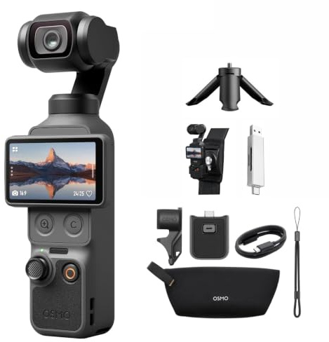DJI Osmo Pocket 4 Standard Combo mit Rucksackhalterung+Kartenleser+Stativ | Pocket Gimbal Vlog Kamera, 1″ CMOS 4K/240fps, 3-Achsen-Stabilisierung, 2× verlustfreier Zoom, 107 GB integrierter Speicher