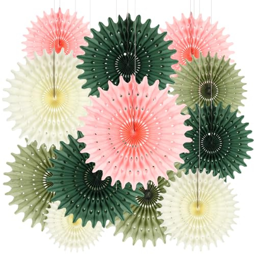 BestoFun 12 Stück Beige Salbeigrün Papier Fächer Set PomPoms Tissue Blumen Hellrosa Hängende Girlande Dunkelgrün Papier Fächer Dekoration für Geburtstags Hochzeit Gartenparty Deko